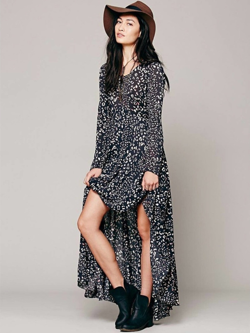 Free People Black Maxi Dress with Pink and Cream Leopard
